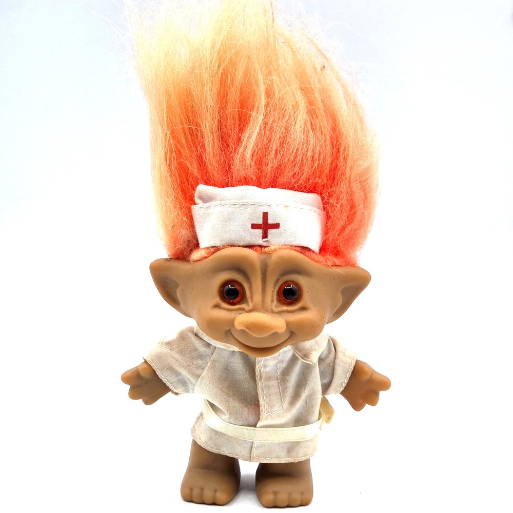 Vintage Russ Red Cross Nurse Troll Doll 5" Orange Hair